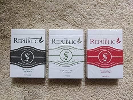 Carti de joc Republic No3 Red Velvet, Bleu & Green SET 3 pachete by Ellusionist - Carti De Joc Premium